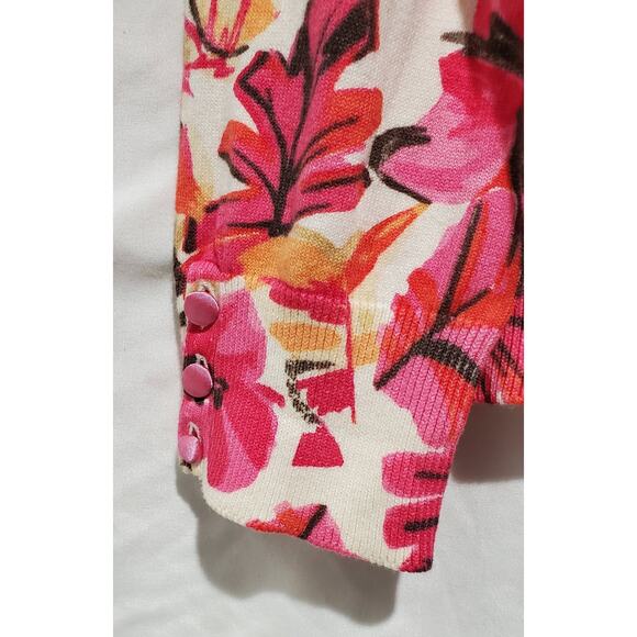 Sigrid Olsen Women's Sweater M Floral Pink White Satin Buttons Front and Cuff - Picture 6 of 9